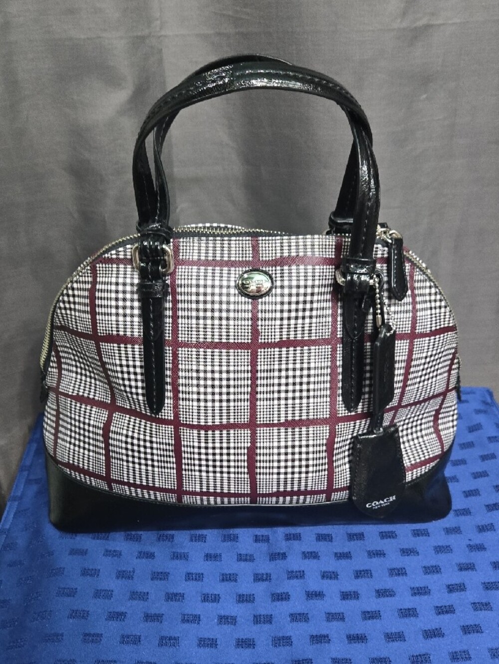 Coach Black and Burgundy Plaid Dome Satchel with Silver Hardware - Picture 12 of 13